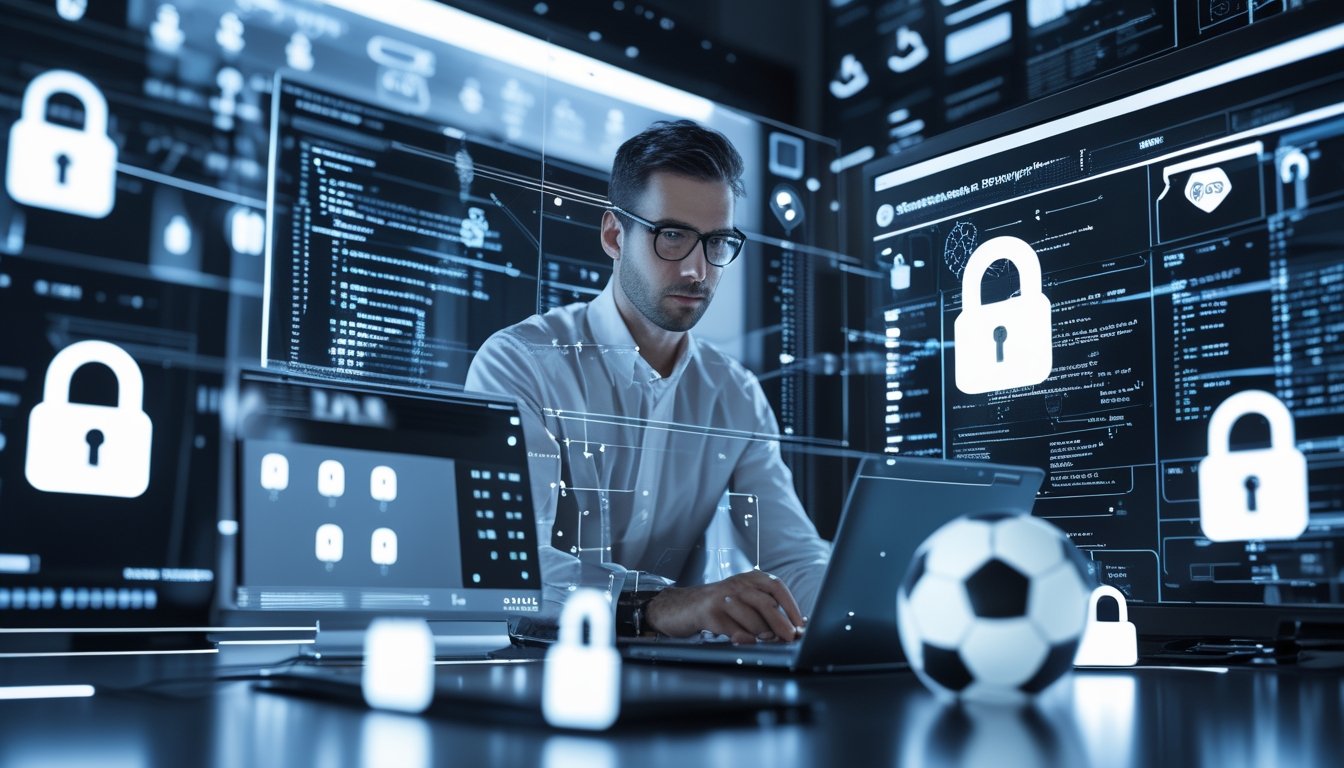 Seorang ahli keamanan siber sedang menganalisis data terenkripsi di depan layar digital dengan ikon gembok dan bola sepak di latar belakang.