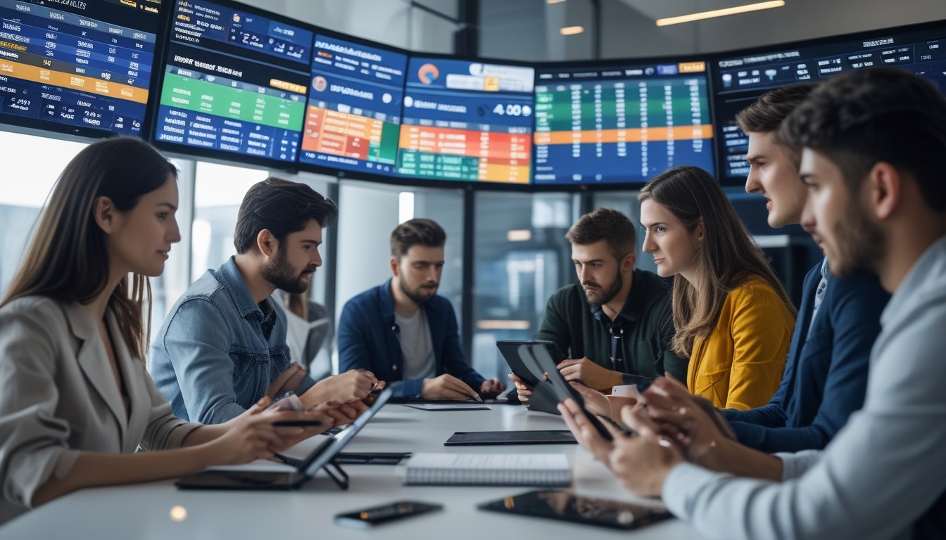 Sekelompok orang muda sedang melihat layar digital dengan data taruhan olahraga dan grafik di sebuah ruangan modern.