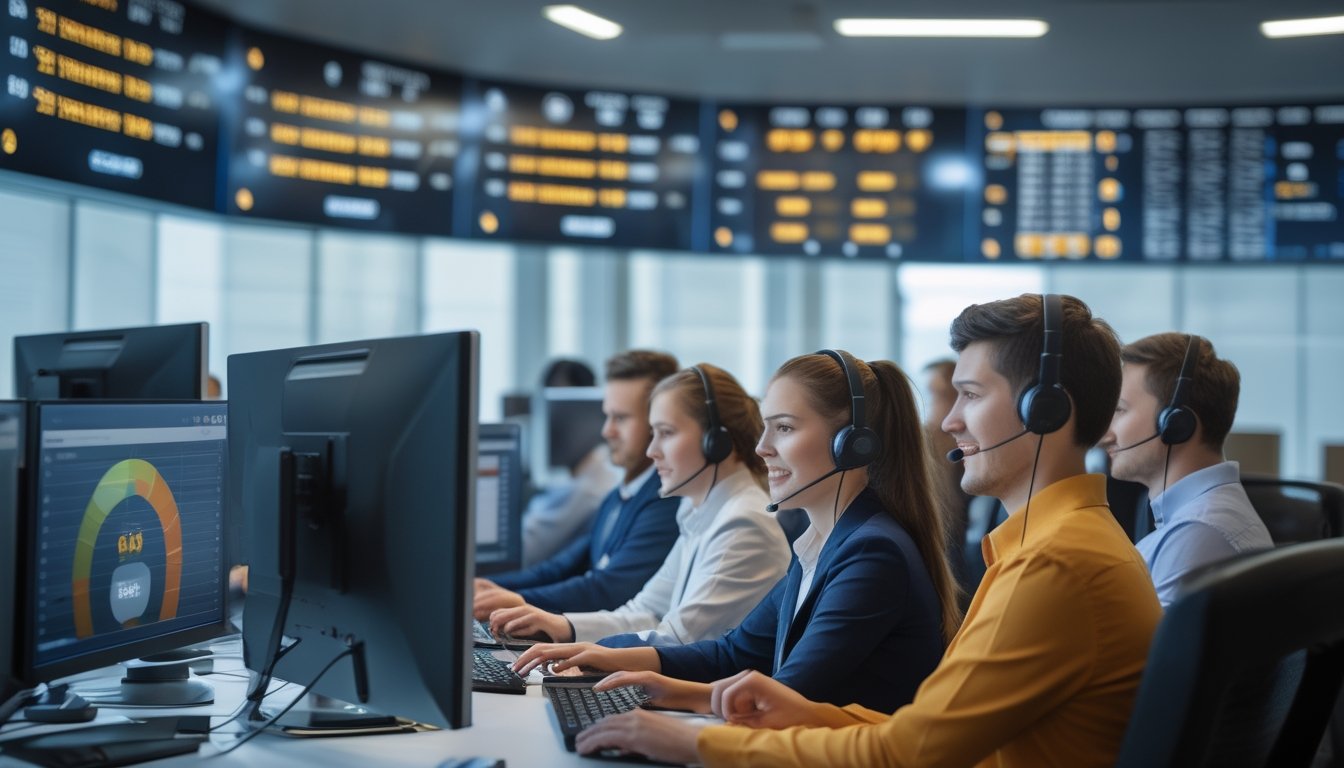 Tim layanan pelanggan yang bekerja dengan headset di pusat dukungan modern dengan komputer dan layar yang menampilkan data terkait taruhan olahraga.