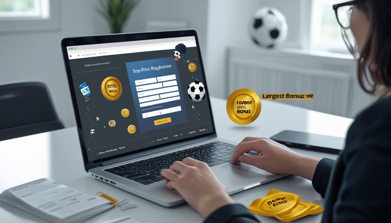 Seseorang sedang mendaftar akun baru di komputer dengan elemen bola sepak dan simbol bonus di sekitar meja kerja.
