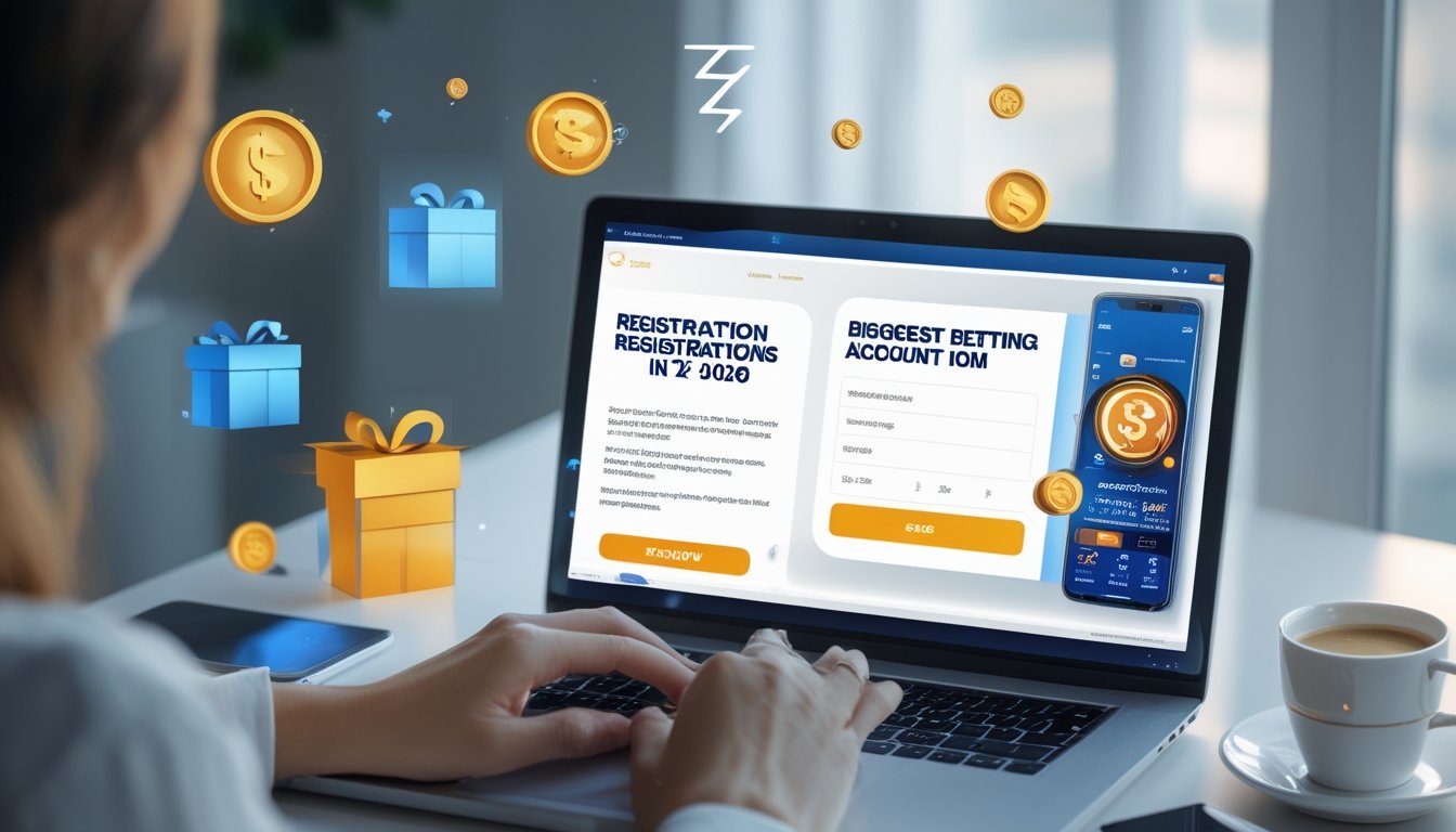 Seseorang sedang mendaftar akun baru di laptop dengan ikon bonus dan promosi di sekitarnya.