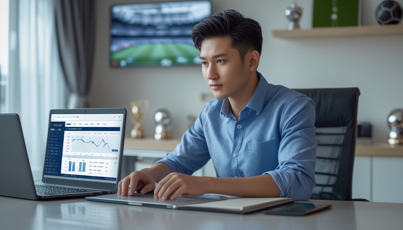 Seorang pria muda duduk di meja kerja dengan laptop dan buku catatan, mengelola modal taruhan dengan fokus di ruangan yang rapi dan terang.