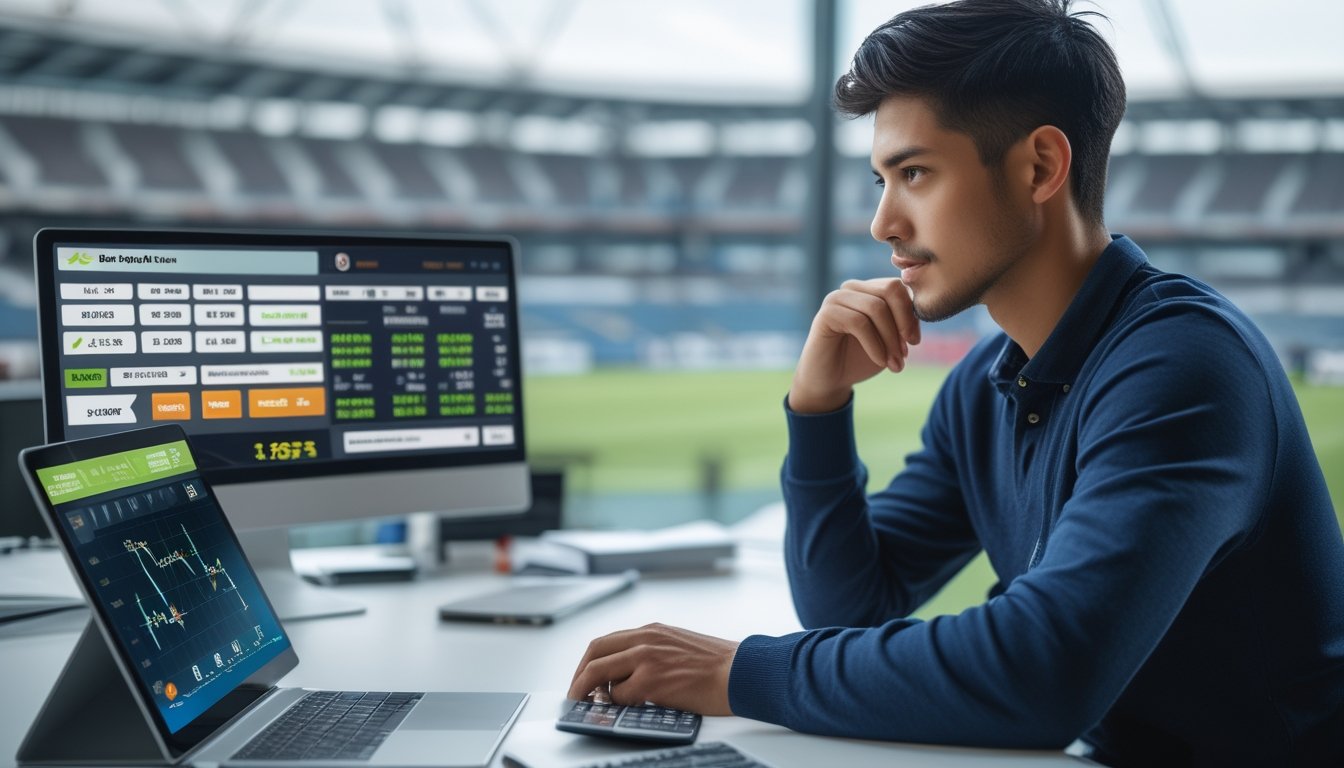 Seorang dewasa muda duduk di meja modern dengan perangkat digital menampilkan data taruhan olahraga dan grafik keuangan, terlihat fokus dan serius mengelola modal taruhan.