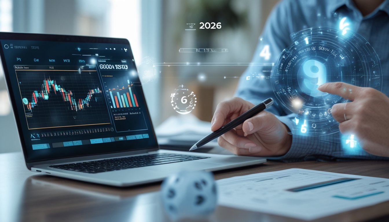 Seorang profesional sedang menganalisis data angka di depan laptop di ruang kerja modern dengan grafik dan angka holografik di sekitar.