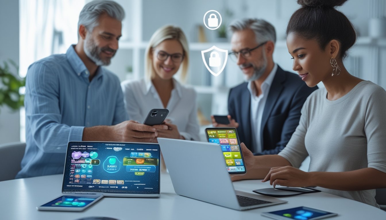 Beberapa orang menggunakan perangkat digital di ruangan modern yang terang, menunjukkan aktivitas bermain togel online dengan suasana aman dan terpercaya.