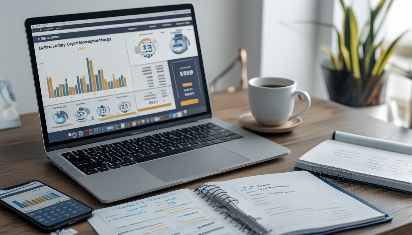 Meja kerja modern dengan laptop, ponsel, catatan, dan secangkir kopi yang menunjukkan aktivitas pengelolaan modal togel online.