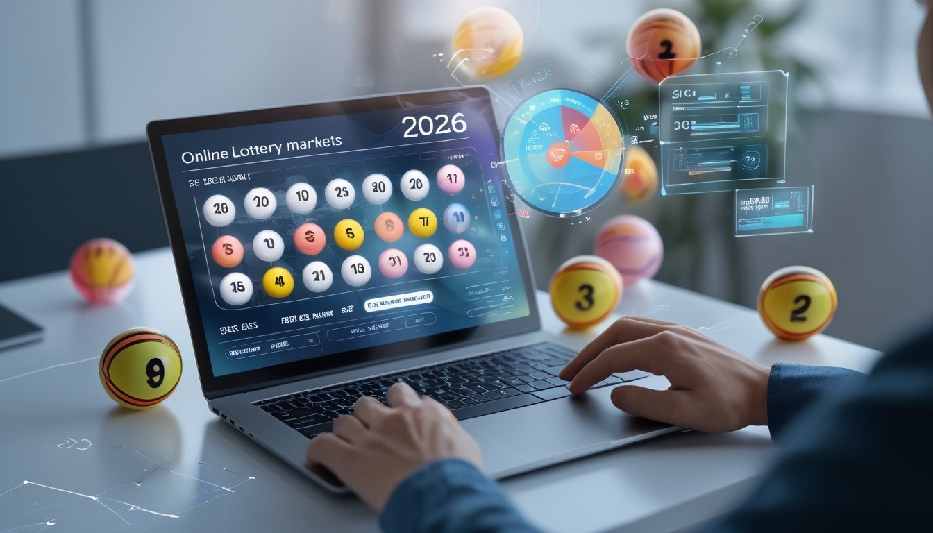 Seorang pengguna sedang berinteraksi dengan laptop yang menampilkan antarmuka digital terkait pasar togel online, dengan bola togel dan grafik di sekitar meja kerja.