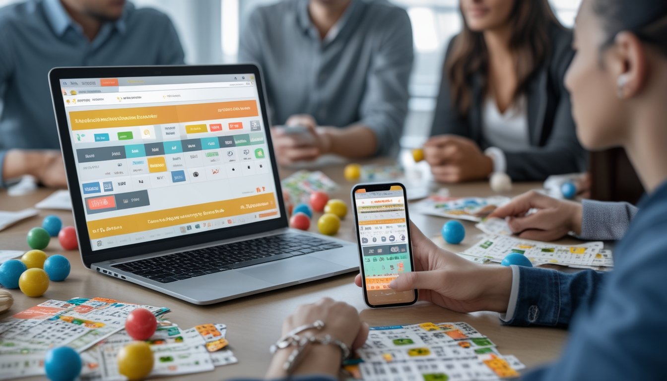 Orang-orang sedang berdiskusi di depan laptop dengan bola angka togel dan tiket lotre di meja.