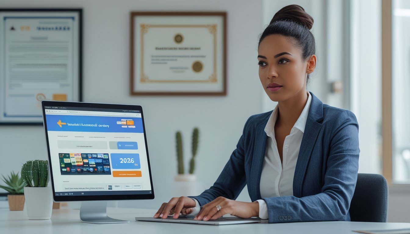 Seseorang duduk di meja kerja dengan laptop terbuka, melihat situs online dengan suasana kantor yang terang dan rapi.