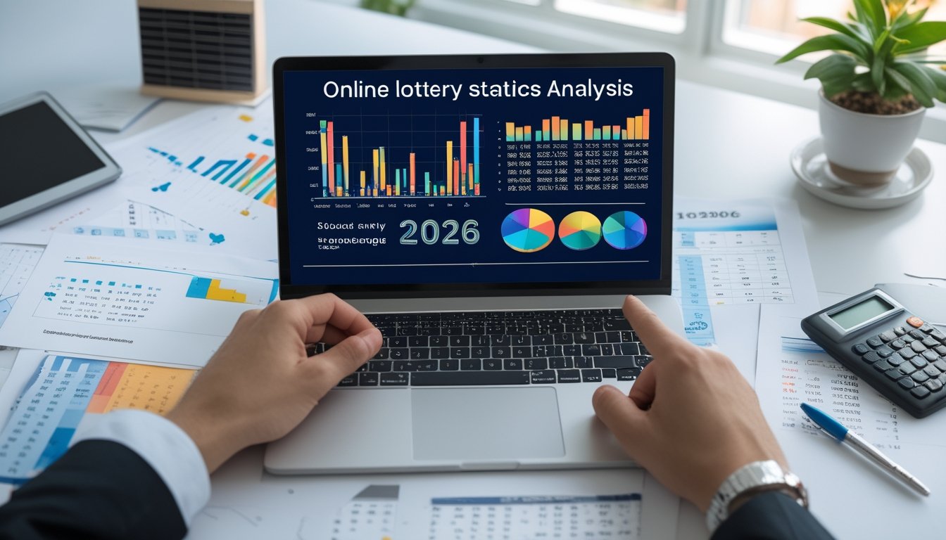 Seorang analis sedang bekerja dengan laptop yang menampilkan grafik dan data statistik, dikelilingi oleh kertas dan alat tulis di meja kerja.
