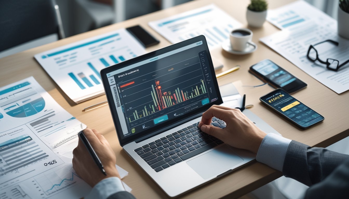 Meja kerja dengan laptop yang menampilkan grafik statistik, tangan seseorang menggunakan kalkulator dan mencatat, serta smartphone dengan aplikasi togel online.