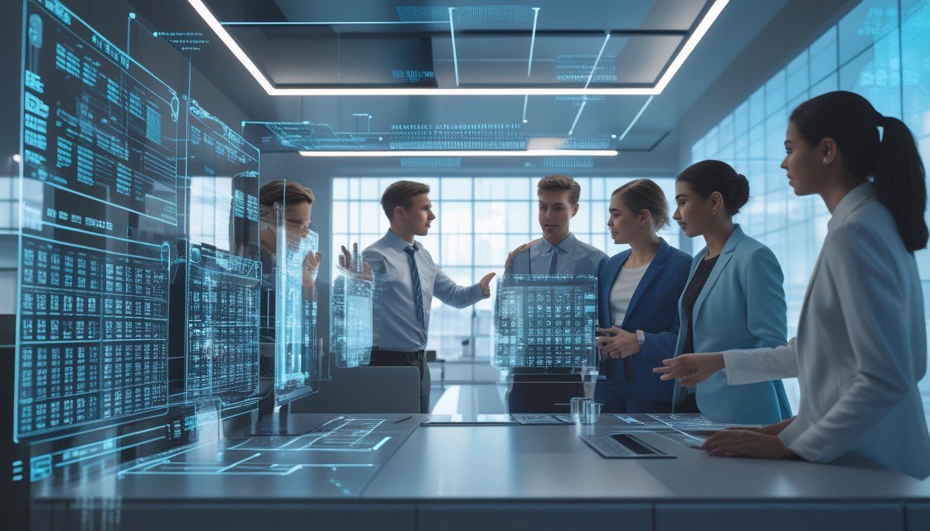 Sekelompok profesional muda sedang berdiskusi di ruang kantor modern dengan layar holografik yang menampilkan data dan angka togel online.