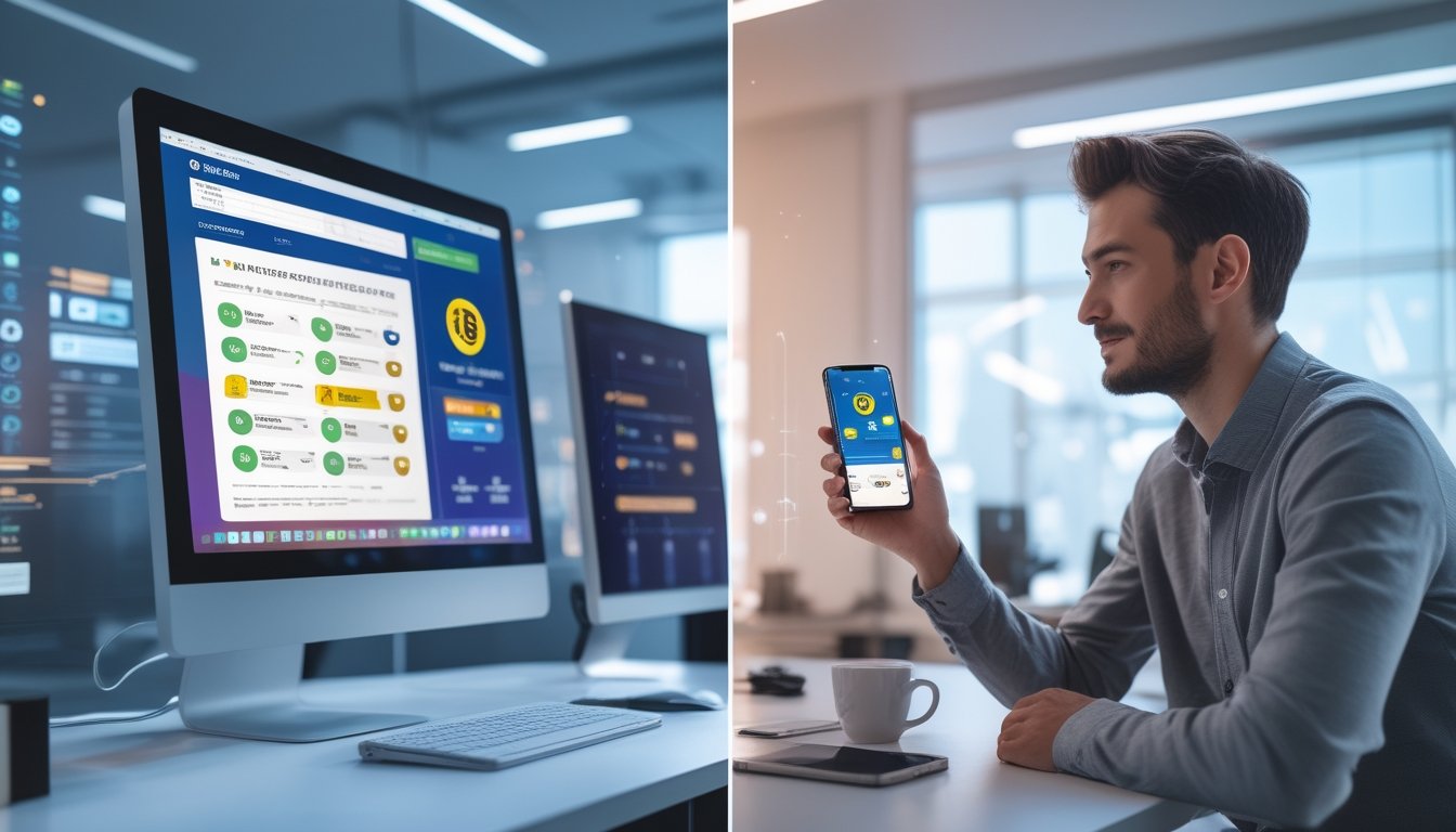 Dua orang sedang menggunakan komputer dan ponsel untuk bermain togel online di ruang kerja modern.