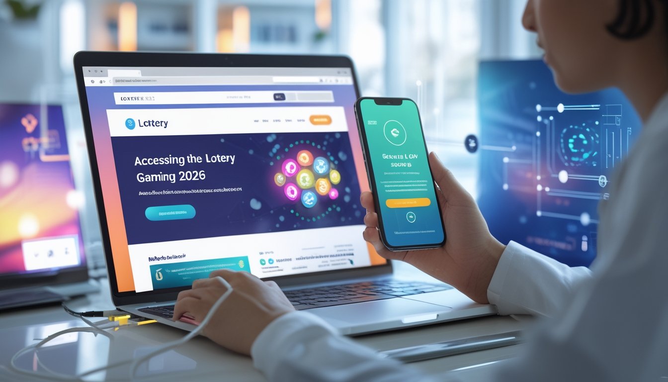 Seseorang menggunakan laptop dan ponsel pintar berdampingan di meja kerja untuk mengakses permainan togel online.