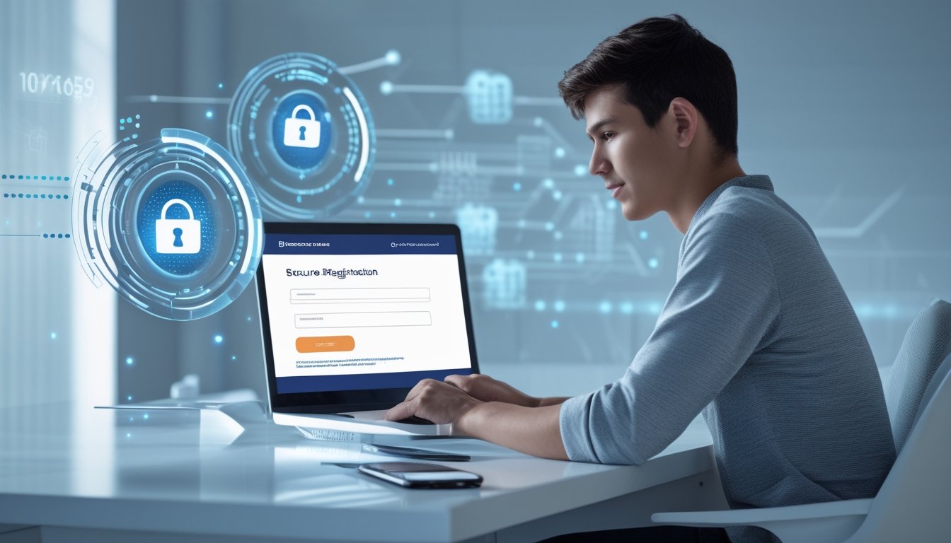 Seorang dewasa muda sedang menggunakan laptop untuk mendaftar akun togel online dengan tampilan keamanan digital di latar belakang.