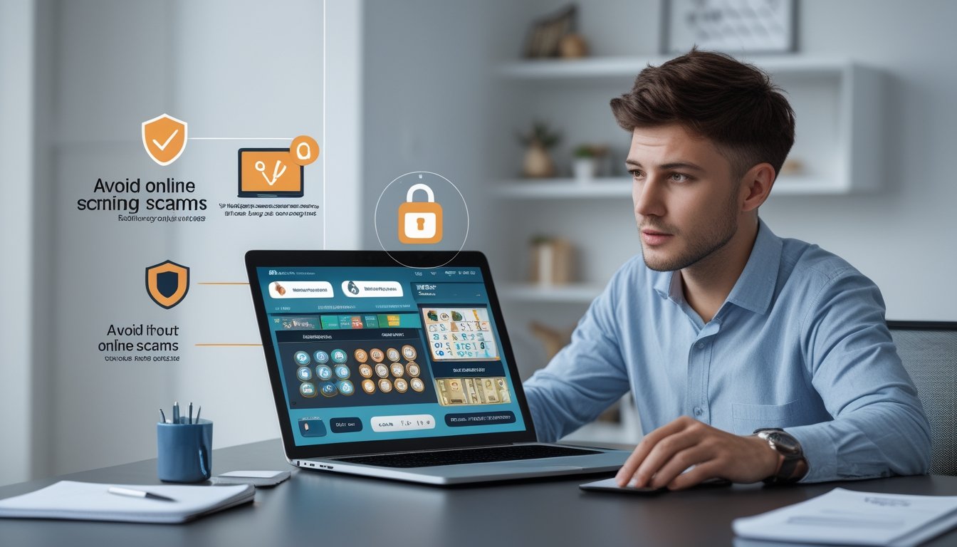 Seorang pria muda duduk di meja kerja dengan laptop dan ponsel, fokus memeriksa layar untuk menghindari penipuan saat bermain togel online.