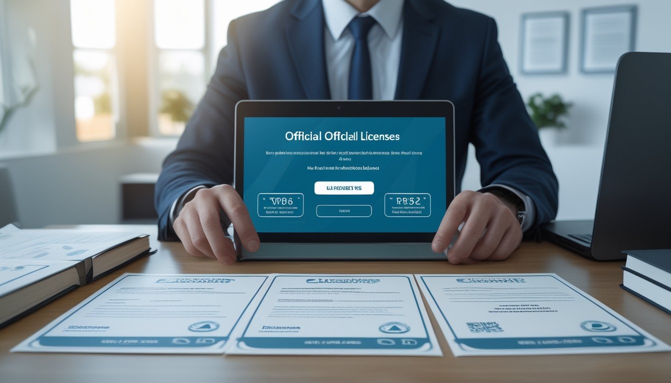 Seorang profesional sedang memeriksa dokumen resmi di meja kerja dengan laptop yang menampilkan situs web terpercaya.