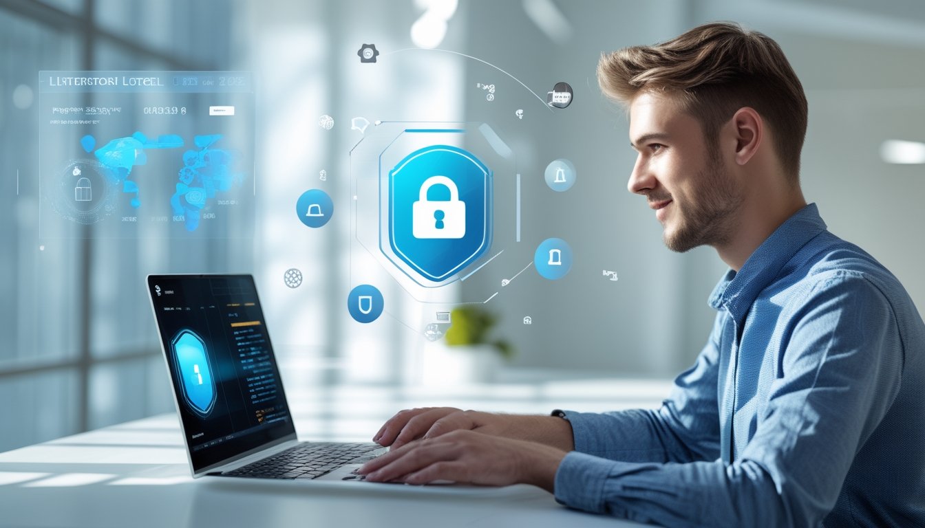 Seseorang menggunakan laptop di ruang kerja modern dengan ikon keamanan digital mengambang di sekitar, menggambarkan perlindungan data pemain togel online.