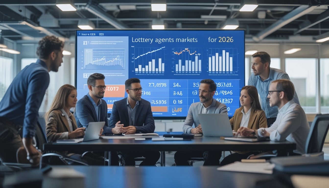 Sekelompok orang sedang berdiskusi di kantor modern dengan layar digital yang menampilkan data pasar togel.