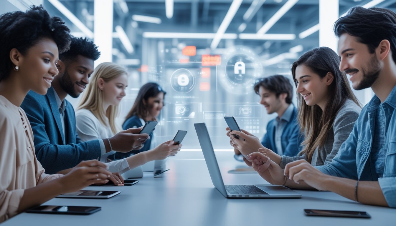 Sekelompok orang muda menggunakan ponsel dan laptop untuk melakukan transaksi keuangan digital dengan latar belakang kota futuristik dan elemen teknologi.