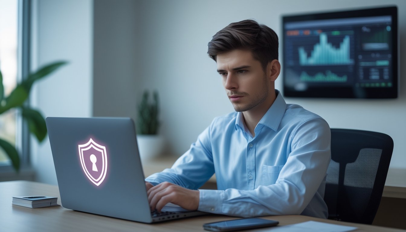 Seorang pria muda duduk di meja dengan laptop, terlihat serius dan fokus memeriksa data di layar di dalam ruangan kantor yang terang dan rapi.