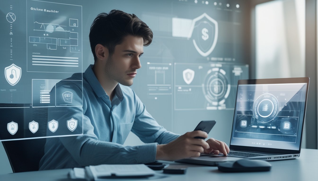 Seorang pria muda serius duduk di meja modern dengan layar digital transparan menampilkan data dan ikon keamanan, menggambarkan kewaspadaan terhadap penipuan togel online.