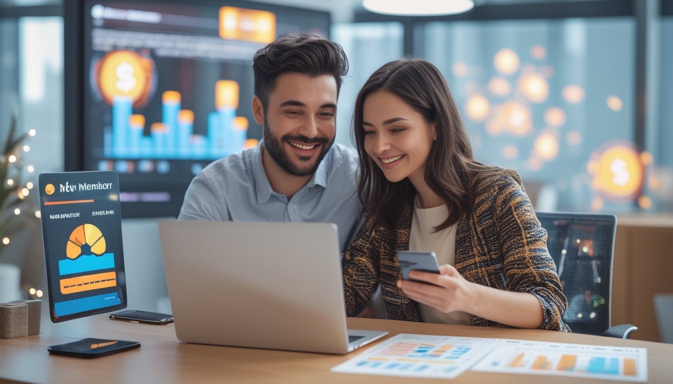 Seorang pria dan wanita muda duduk bersama di meja kantor modern sambil melihat layar laptop dengan senyum, dikelilingi grafik dan perangkat digital.