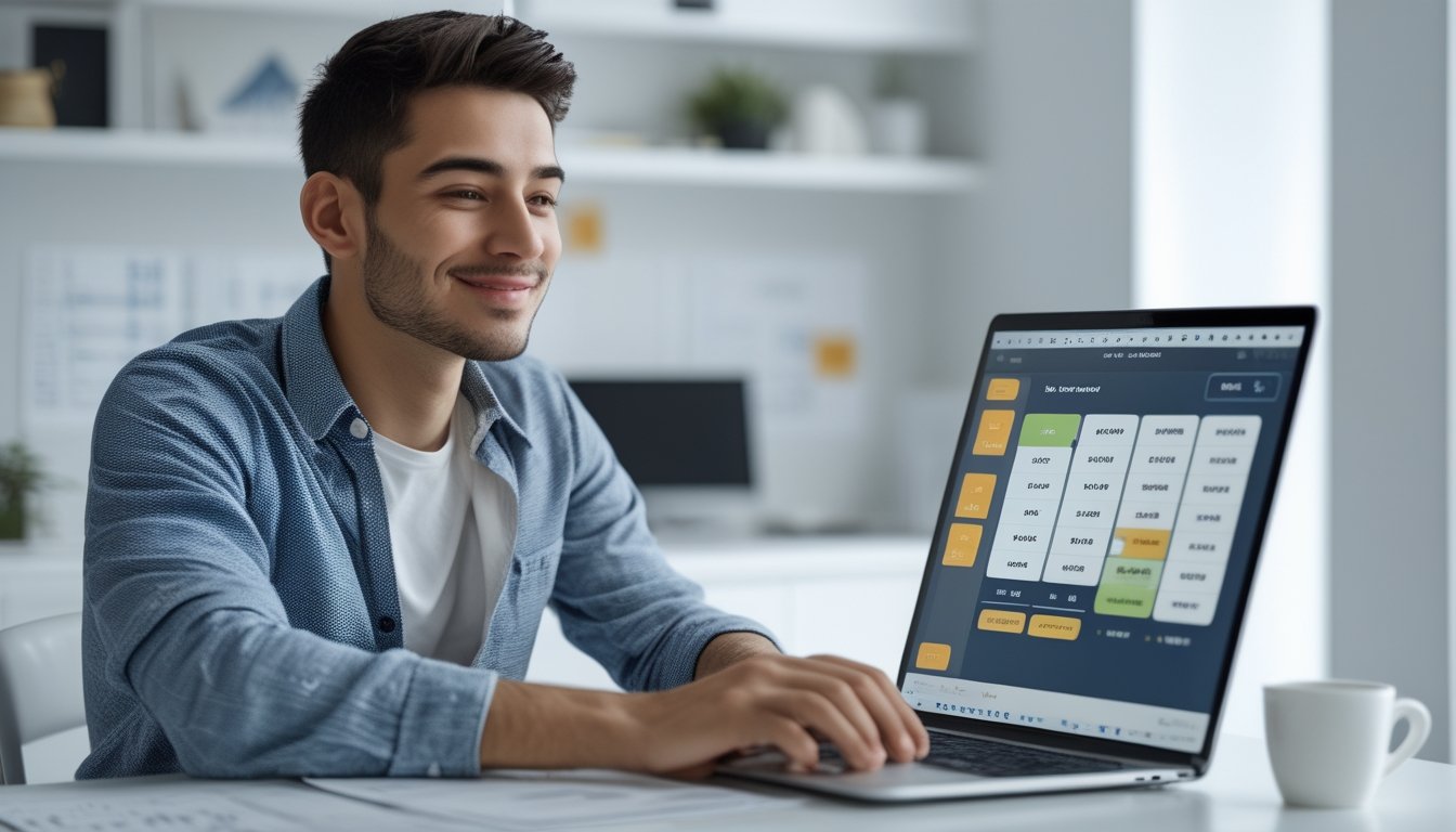 Seorang pria muda duduk di meja modern menggunakan laptop dengan ekspresi puas dan optimis di ruang kerja yang terang dan rapi.