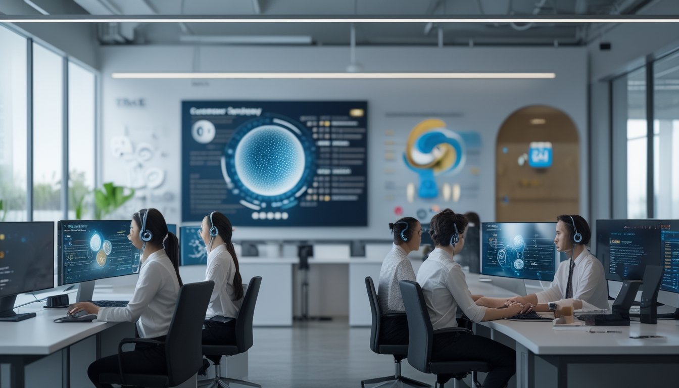 Tim layanan pelanggan sedang bekerja di kantor modern dengan komputer dan headset, memberikan dukungan untuk layanan togel online sepanjang waktu.