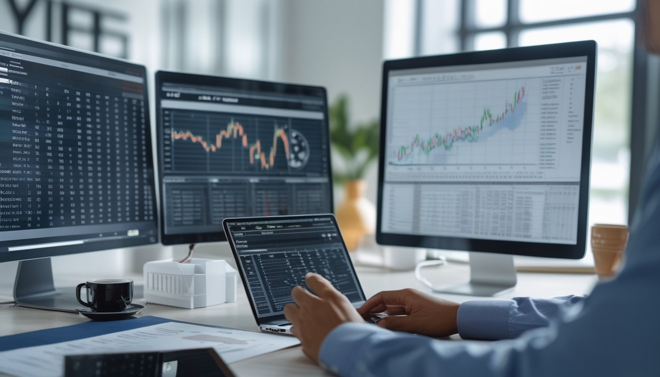 Seorang profesional sedang menganalisis data dan grafik pada beberapa layar komputer di kantor modern dengan suasana terang dan rapi.