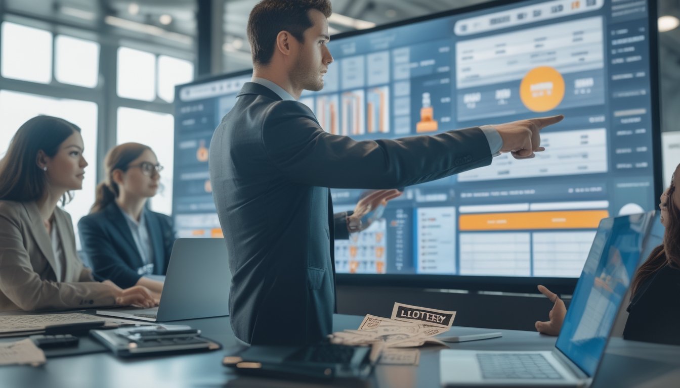 Orang-orang di kantor modern sedang menganalisis data hasil togel dengan layar digital besar dan alat kerja seperti laptop dan kalkulator.