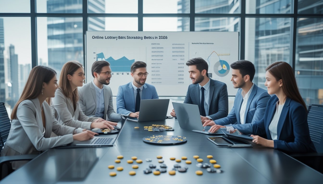 Sekelompok profesional muda sedang berdiskusi di ruang rapat modern dengan laptop dan grafik, membahas strategi memilih bandar togel dengan minimal bet rendah.