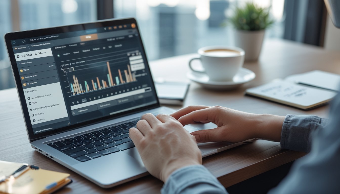 Seorang pria duduk di depan laptop di meja kerja yang rapi, sedang menganalisis platform taruhan togel online dengan catatan dan ponsel di sampingnya.