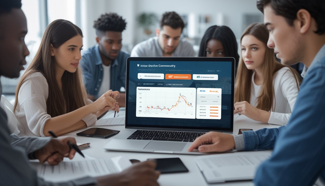 Sekelompok orang muda sedang berdiskusi dan melihat layar laptop yang menampilkan ulasan dan grafik di sebuah kantor modern.
