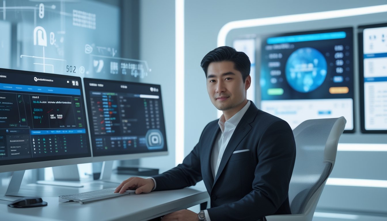 Seorang pria Asia duduk di depan beberapa layar komputer yang menampilkan pertandingan sepak bola dan grafik taruhan dalam sebuah kantor modern.