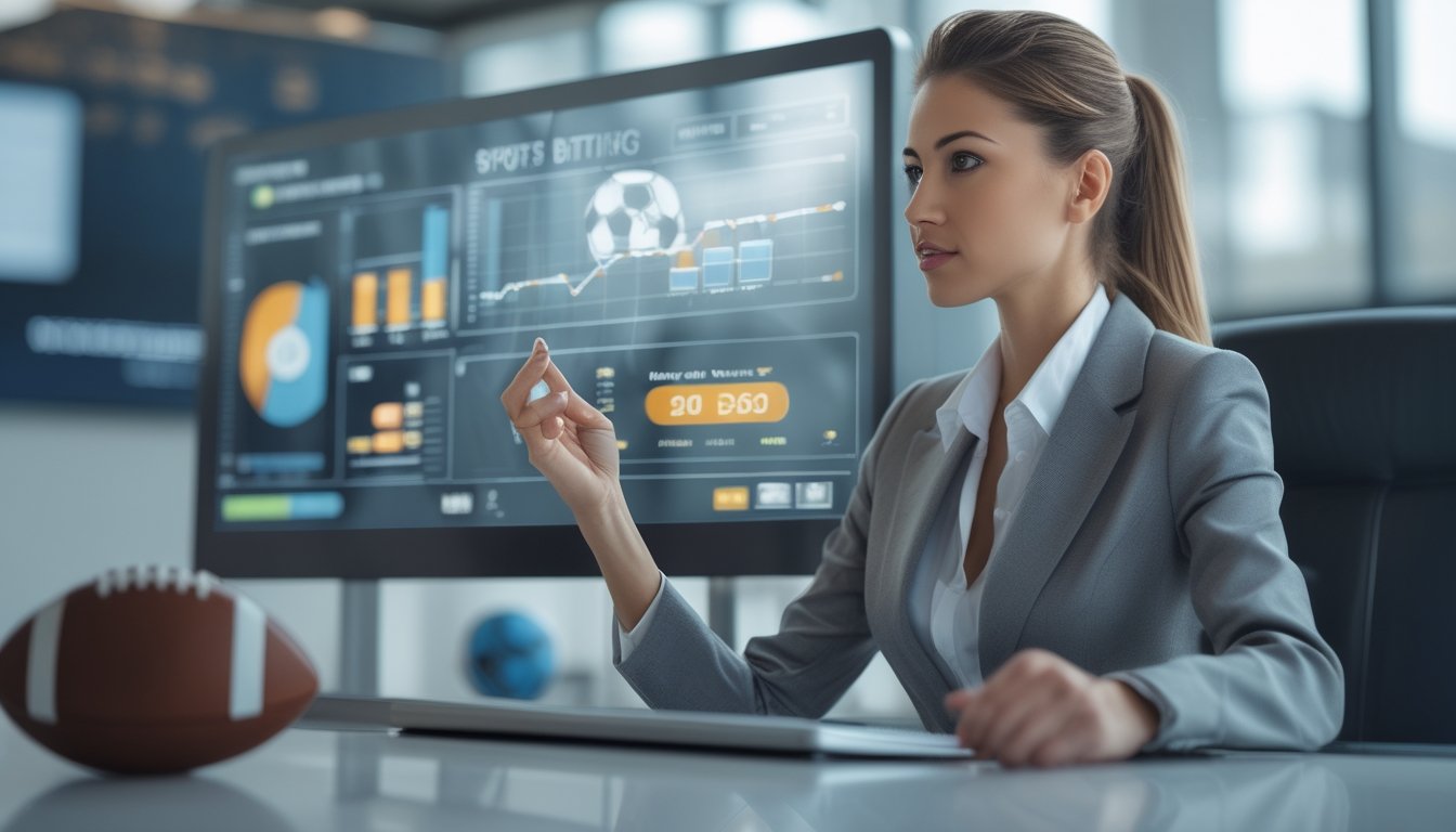 Seorang wanita profesional sedang menganalisis data di layar digital transparan dengan latar kantor modern dan elemen sepak bola.