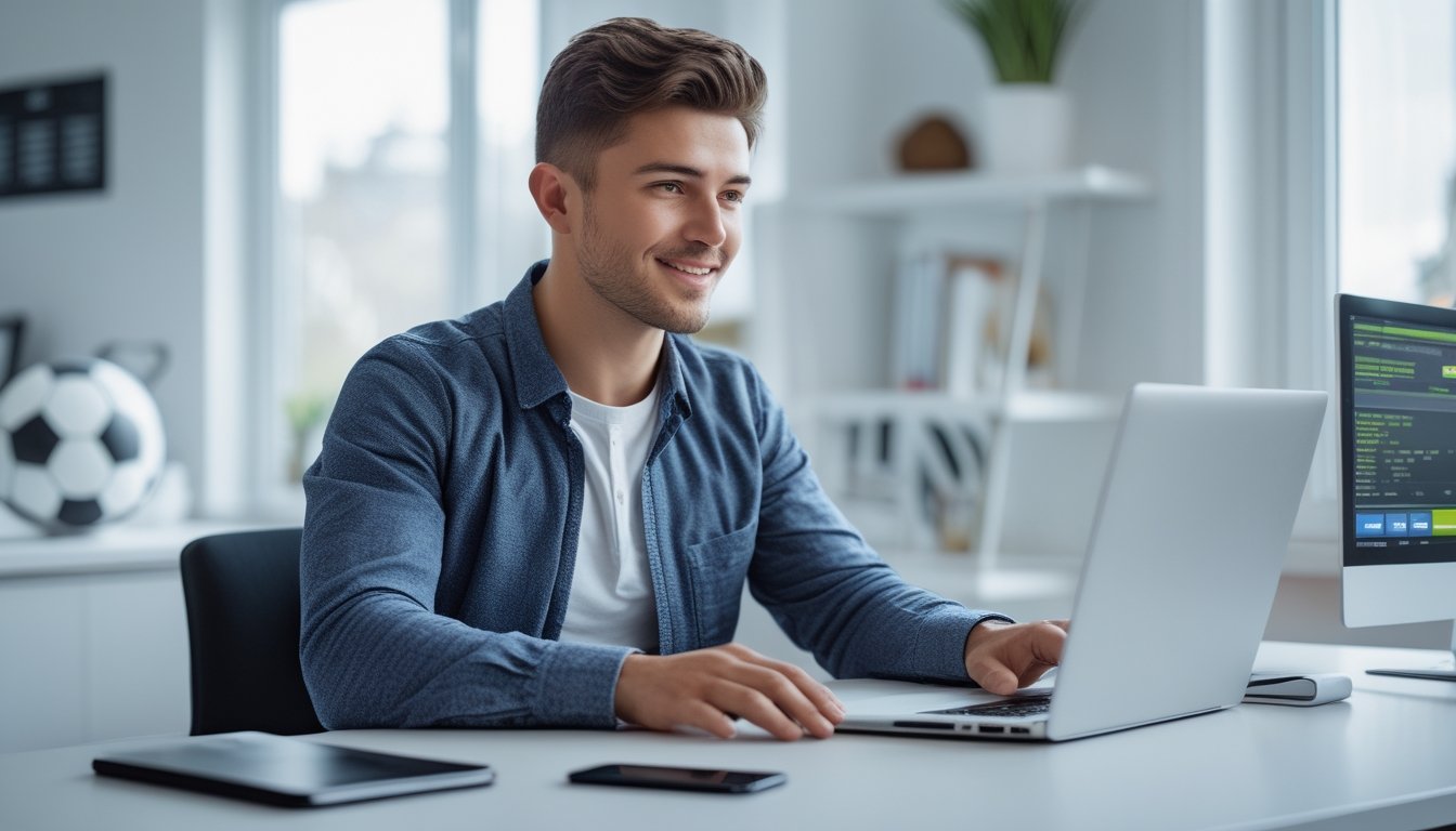 Seorang pria muda duduk di meja modern, fokus menggunakan laptop untuk mendaftar akun di situs taruhan bola resmi, dengan latar belakang elemen olahraga dan suasana ruangan yang terang.