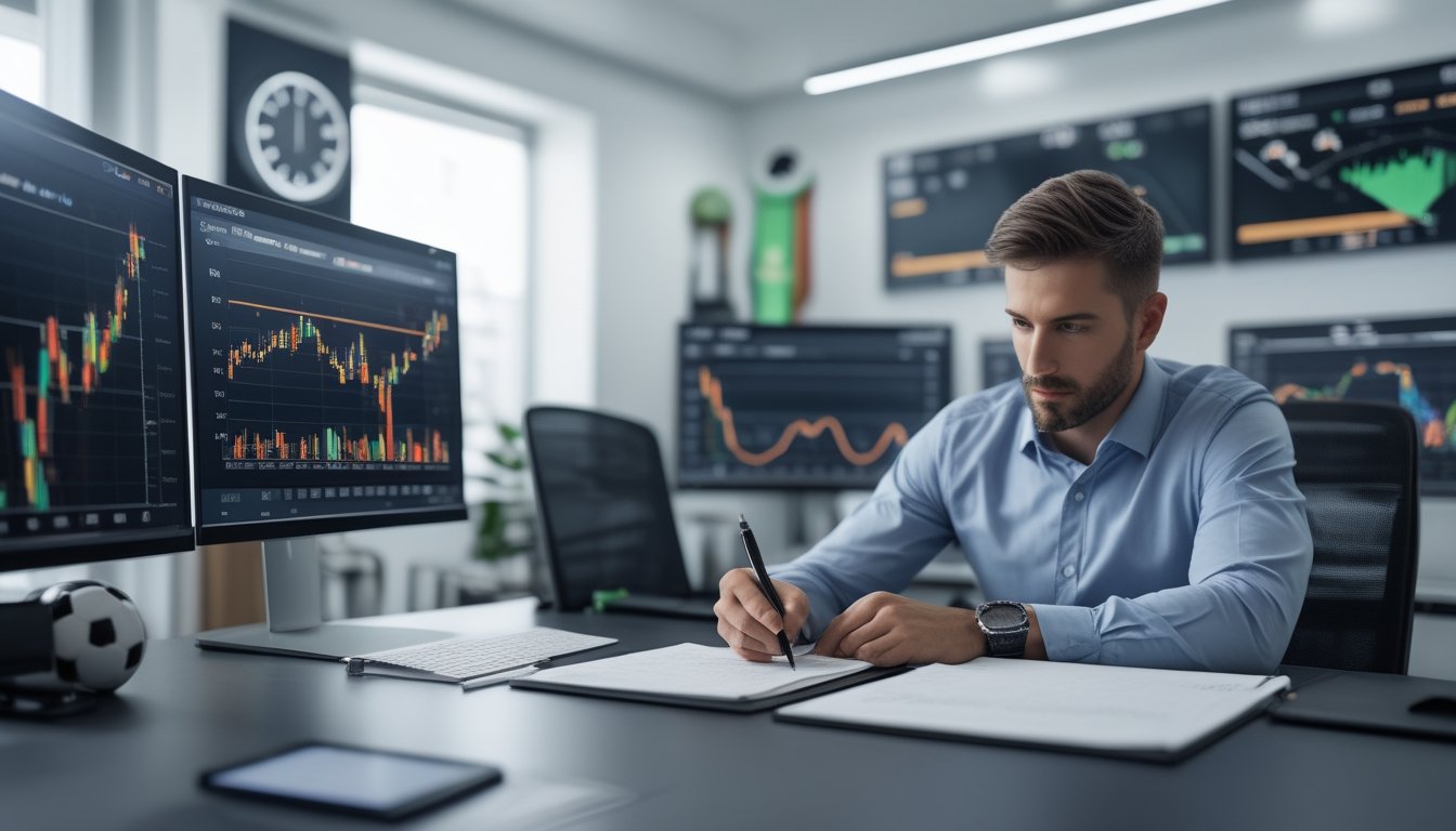 Seorang analis sedang bekerja di depan beberapa monitor yang menampilkan grafik dan data pertandingan sepak bola, di sebuah kantor modern.