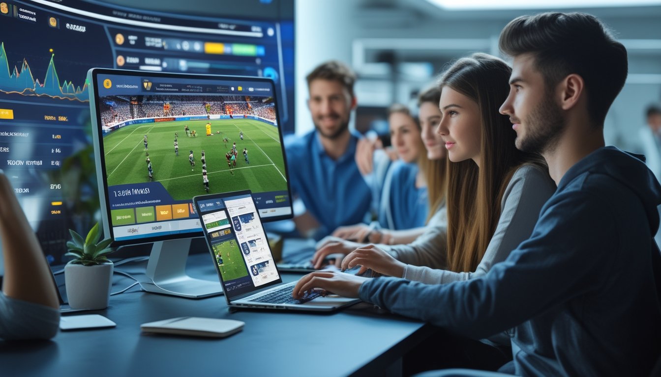 Beberapa orang muda sedang menonton pertandingan sepak bola langsung di layar komputer dengan perangkat elektronik di meja mereka.