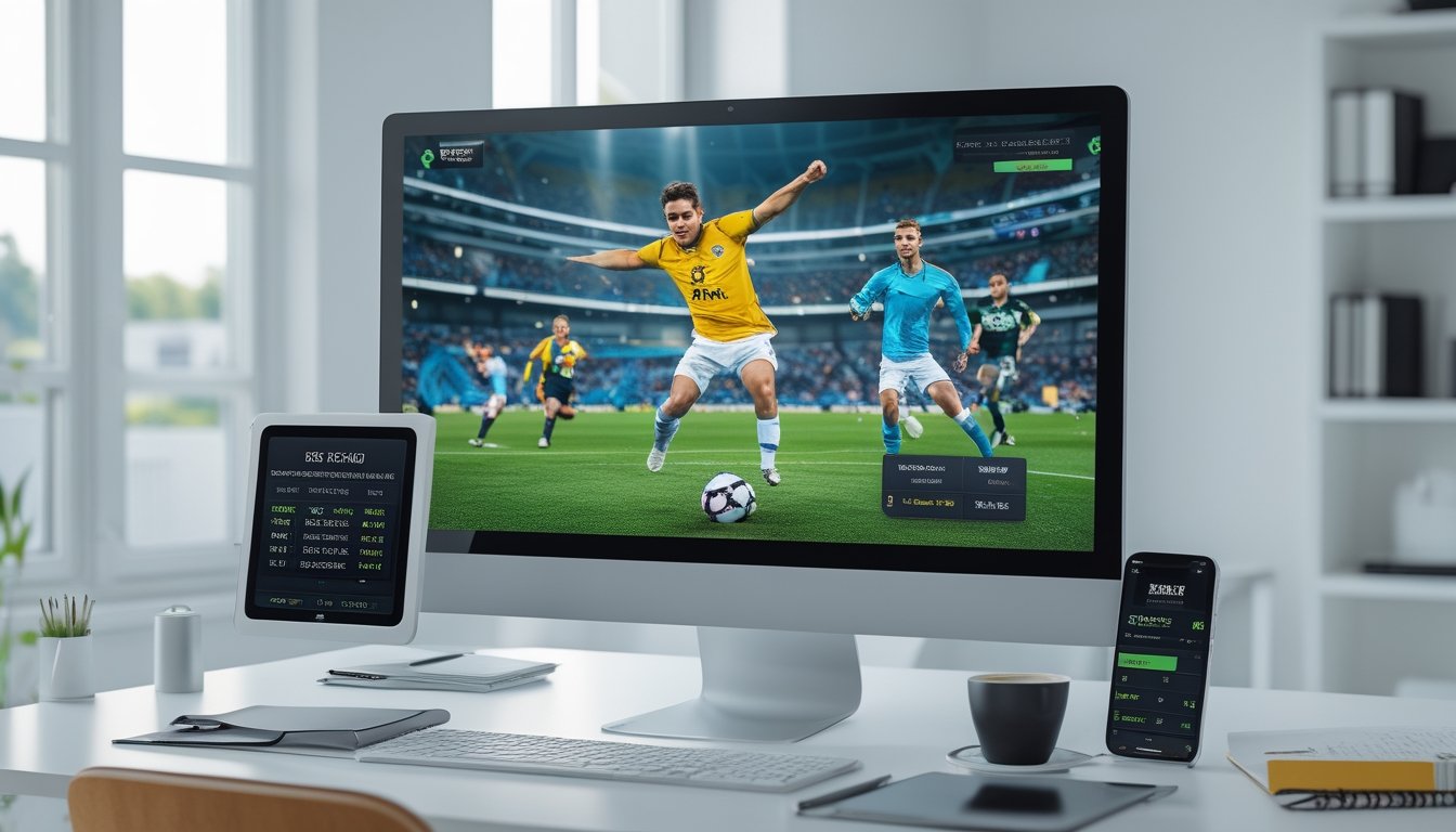 Seorang pria muda menonton pertandingan sepak bola secara langsung di komputer di ruang kerja yang terang dan rapi.