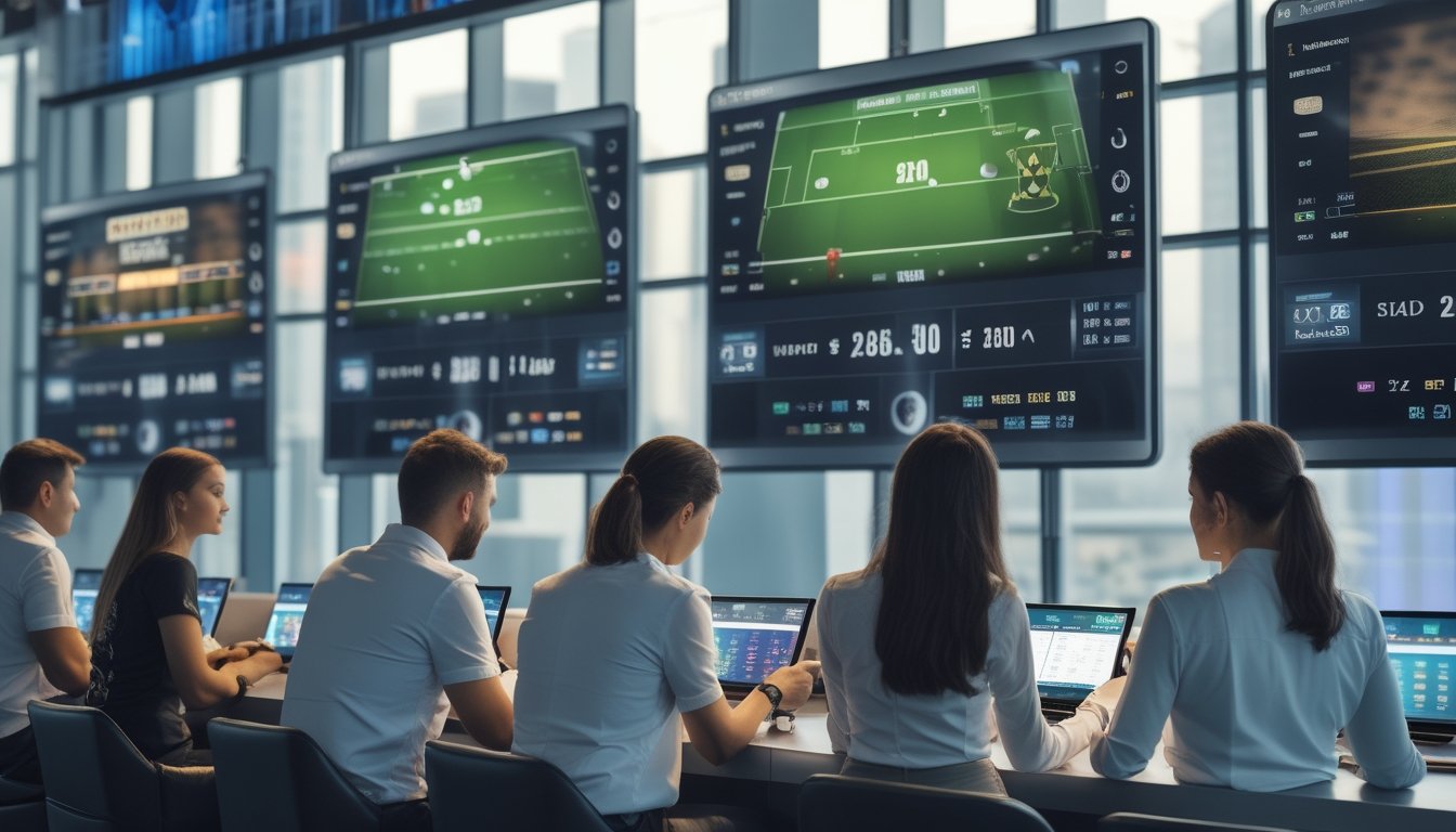 Orang-orang sedang menggunakan perangkat digital untuk bertaruh pada pertandingan sepak bola dengan layar besar menampilkan pertandingan dan peluang taruhan.