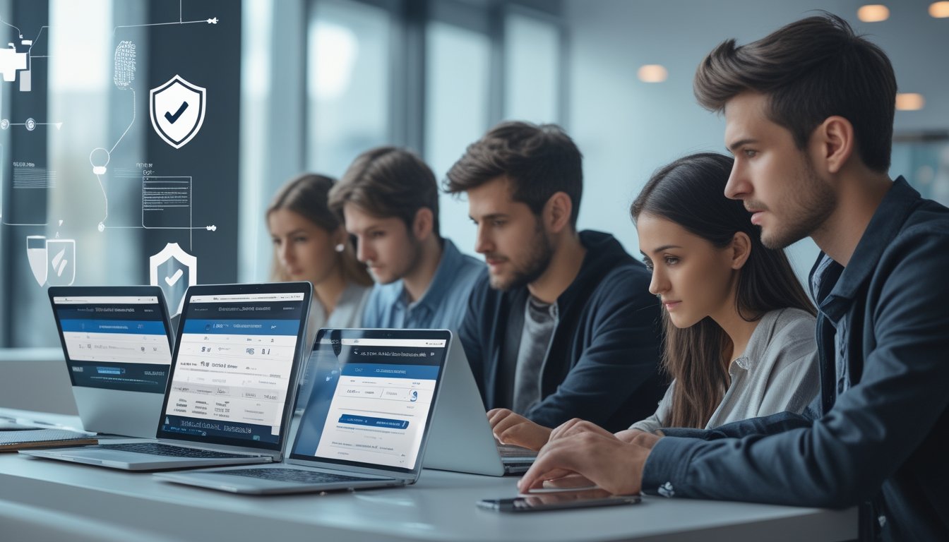 Beberapa orang sedang menggunakan laptop dan ponsel untuk memilih situs taruhan bola online dengan hati-hati di sebuah ruang kerja modern.