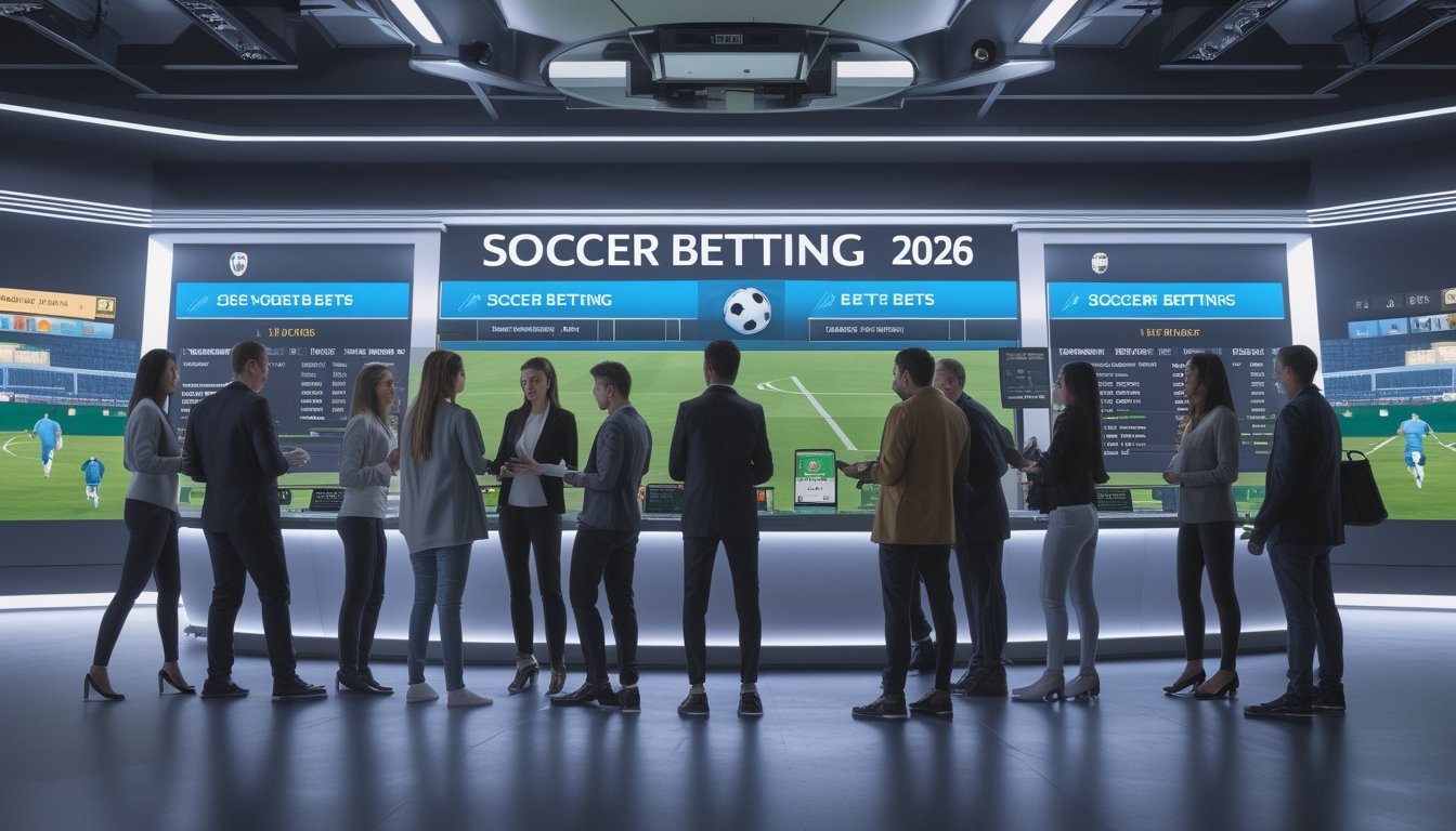 Orang-orang sedang menggunakan perangkat digital untuk memasang taruhan bola di sebuah ruang taruhan modern dengan layar besar yang menampilkan statistik pertandingan sepak bola.