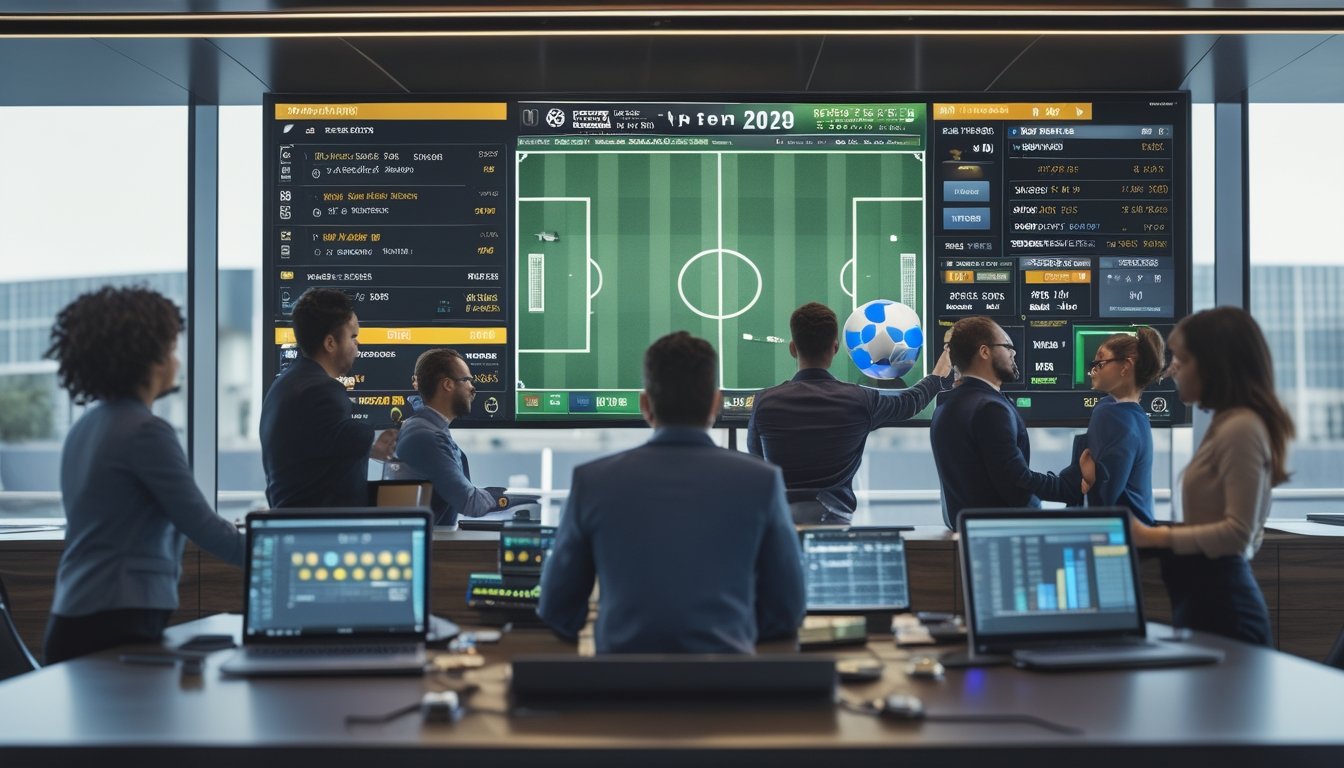 Orang-orang sedang menganalisis berbagai jenis taruhan bola menggunakan perangkat digital di sebuah ruangan dengan layar besar yang menampilkan pertandingan sepak bola.