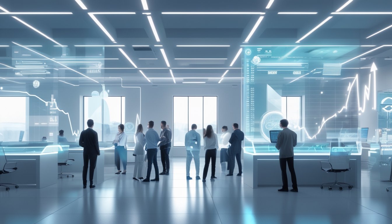 Orang-orang menggunakan antarmuka layar sentuh futuristik untuk melakukan transaksi deposit dan penarikan dengan cepat di lingkungan kantor modern.