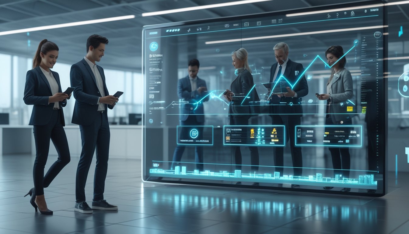 Sekelompok profesional muda menggunakan perangkat digital di kantor modern dengan layar sentuh besar yang menampilkan grafik dan ikon transaksi cepat.