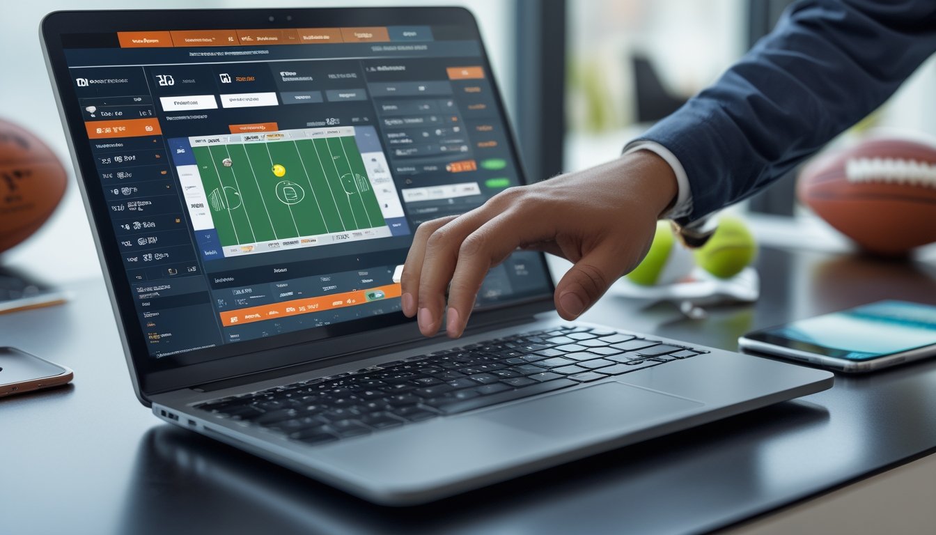 Seseorang sedang menggunakan laptop dengan tampilan situs taruhan olahraga online, dikelilingi bola sepak bola, bola basket, dan bola tenis di meja.
