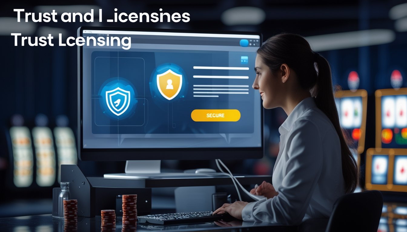 Seorang profesional menggunakan komputer dengan tampilan situs kasino online yang aman dan berlisensi resmi, dikelilingi oleh elemen kasino seperti chip dan kartu.