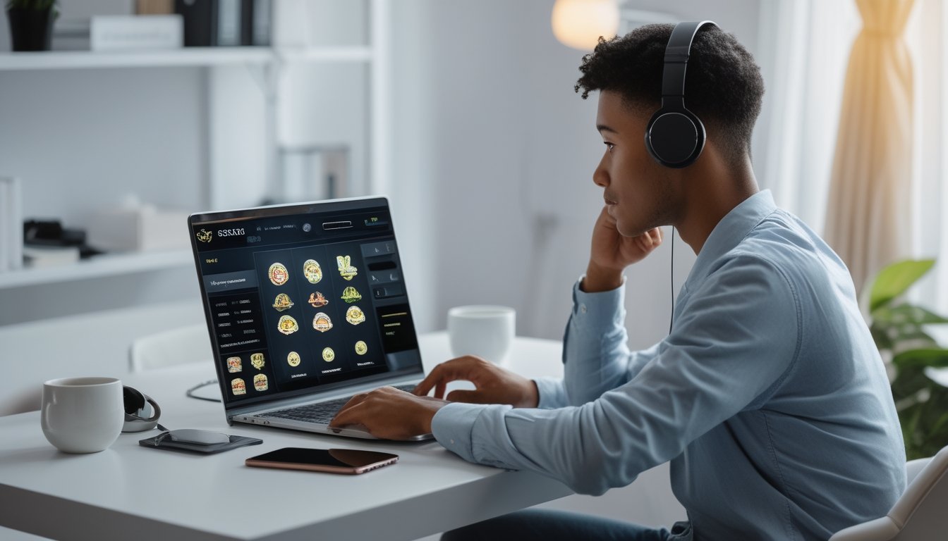 Seorang dewasa muda duduk di meja modern menggunakan laptop dengan tampilan platform kasino online yang aman, di ruangan yang terang dan rapi.