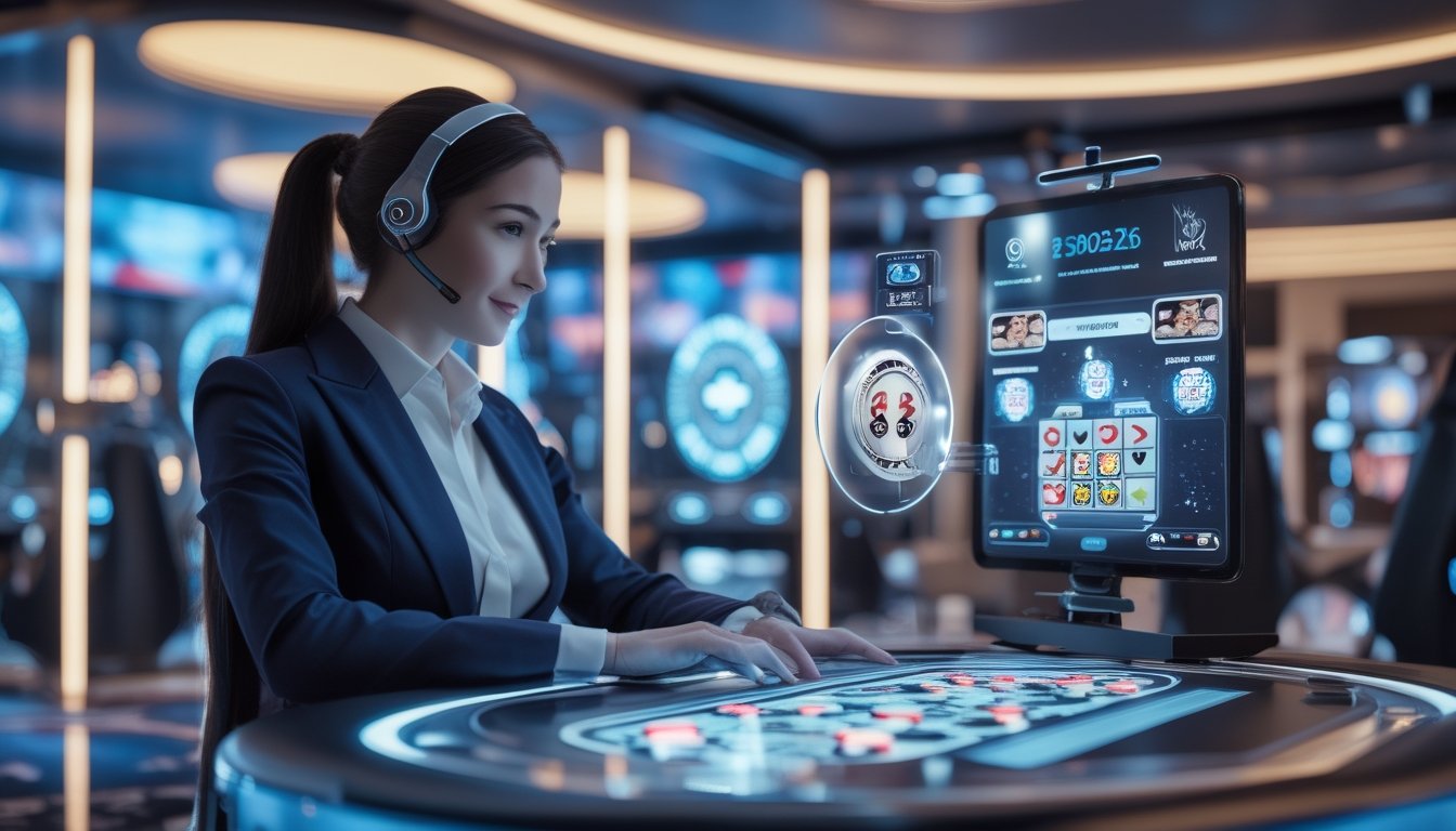 Seorang dealer kasino profesional di studio modern dengan teknologi canggih dan layar digital di kasino online tahun 2026.